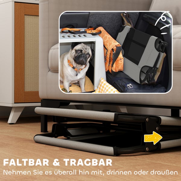 Faltbare und tragbare Hunderampe, platzsparend unter dem Sofa verstaut, Inset zeigt Mops in Transportbox, geeignet für drinnen und draußen.
