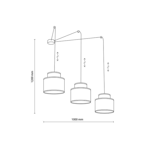 Zeichnung einer Pendelleuchte mit drei Lampen und Größenangaben