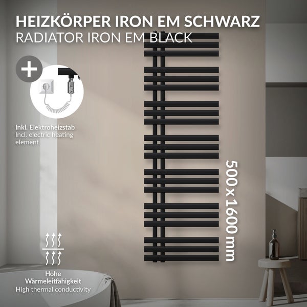 LuxeBath Elektrischer Badheizkörper Iron EM 500 x 1600 mm Schwarz matt inkl. Heizstab Chrom 900W mit Thermostat einfach, Handtuchheizkörper mit Heizpatrone, Elektro Handtuchwärmer Paneelheizkörper