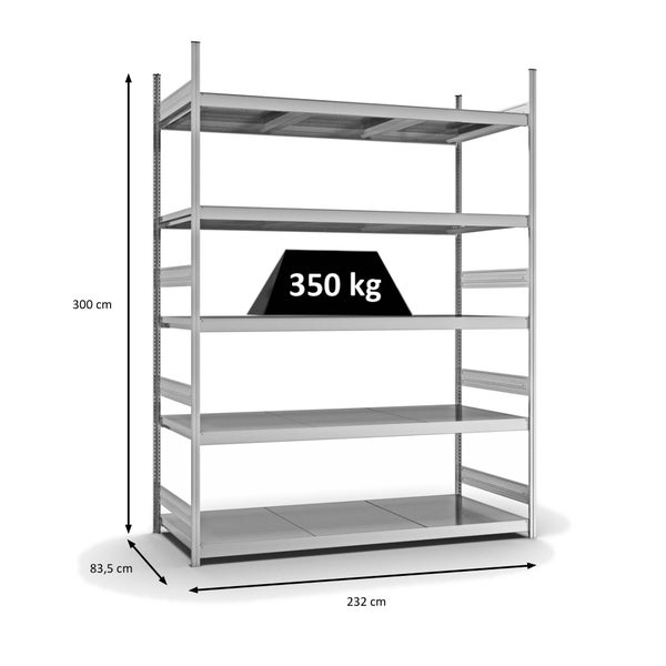 PROREGAL Weitspannregal Stecksystem T-Profil Grundregal HxBxT 300x225x80 cm 5 Ebenen Stahlplatten Fachboden Fachlast 350 kg Verzinkt