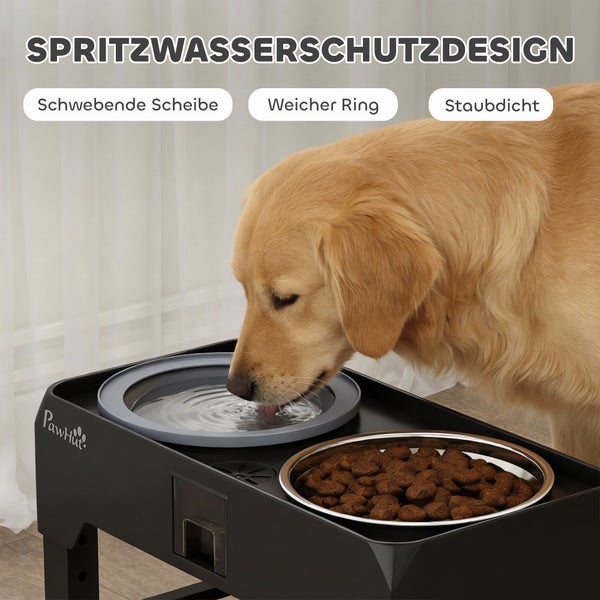 PawHut Logo. Hundebar mit Spritzwasserschutz, schwebender Scheibe, weichem Ring und Staubschutz. Ein Hund trinkt Wasser aus dem Napf.