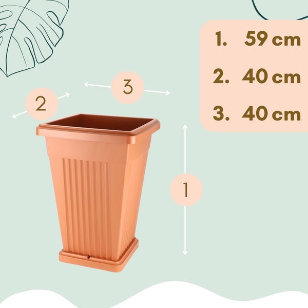 Abmessungen eines Pflanzgefässes: 1. Höhe 59 cm, 2. Breite 40 cm, 3. Breite 40 cm.