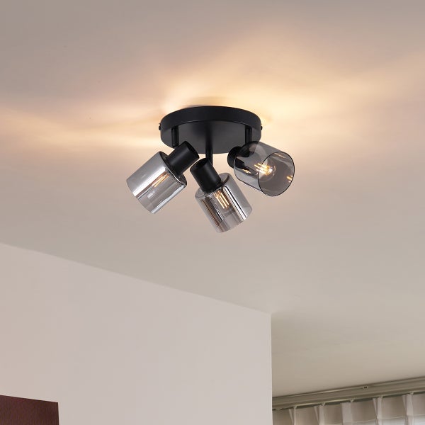 Moderne Deckenleuchte Schwarz mit rundem Rauchglas 3-flammig - Cilin