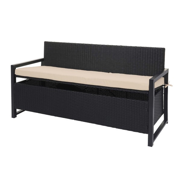 Schwarze Gartenbank aus Polyrattan mit integrierter Auflagenbox und beigem Sitzkissen.