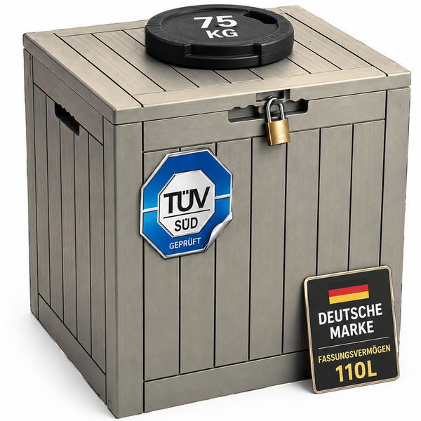 Gartenbox in Holzoptik, Fassungsvermögen 110 Liter, Belastbarkeit 75 Kilogramm, TÜV Süd geprüft, abschließbar, Deutsche Marke.