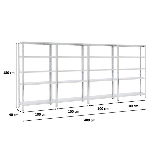 Verzinktes Schwerlastregal-Set bestehend aus 4 Modulen mit je 5 Böden, Maße 180 x 400 x 40 Zentimeter.