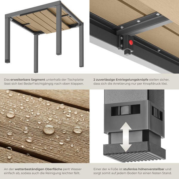 Detaillierte Funktionsübersicht eines Gartenesstisches mit klappbarem Segment, Entriegelungsknöpfen, wetterfester Oberfläche und Höhenverstellung.
