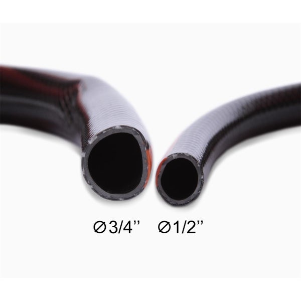 Zwei schwarze Wasserschläuche mit den Durchmessern 3/4 Zoll und 1/2 Zoll.