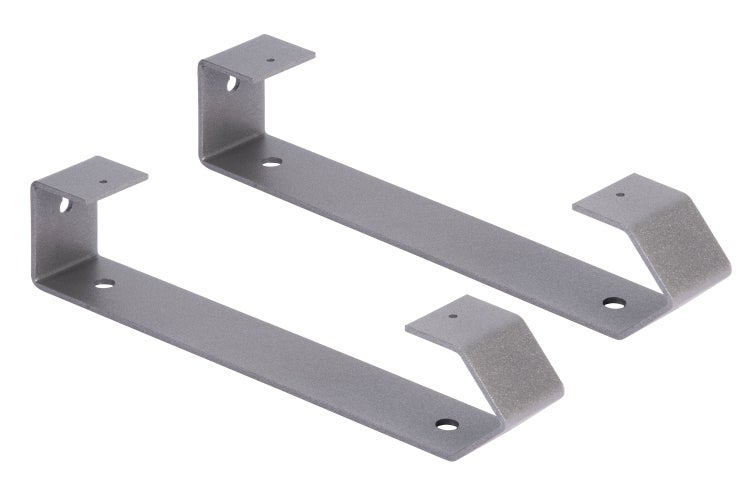 Zwei L-förmige Halterungen aus beschichtetem Metall zur Wandmontage von Regalböden