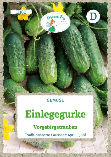 Samentüte Einlegegurke Vorgebirgstrauben mit Grüne Fee Logo, Abbildung von Gurken und Blüten, Aussaat von April bis Juni.