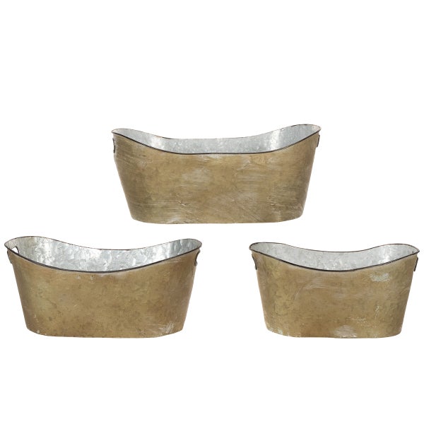 Set aus drei ovalen Pflanzschalen aus Zink mit gold-bronze Optik und seitlichen Griffen.