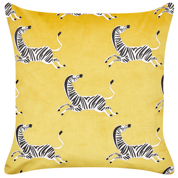 Quadratisches Zierkissen mit gelbem Samt-Bezug und Zebra-Motiv.
