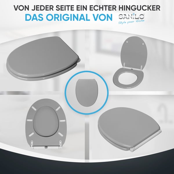 Sanilo WC-Sitz aus verschiedenen Perspektiven, geöffnet und geschlossen dargestellt, Sanilo Logo.