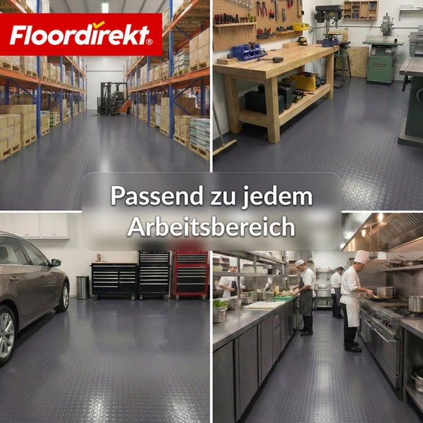 Anwendungsbeispiele für Bodendirekt Bodenbeläge in Lager, Werkstatt, Garage und Küche.