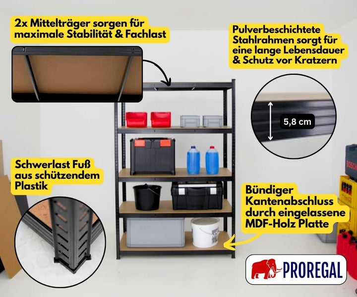 Proregal Schwerlastregal, Stahl pulverbeschichtet, MDF-Böden, Mittelträger, Kunststofffüße und bündiger Kantenabschluss. Proregal Logo.