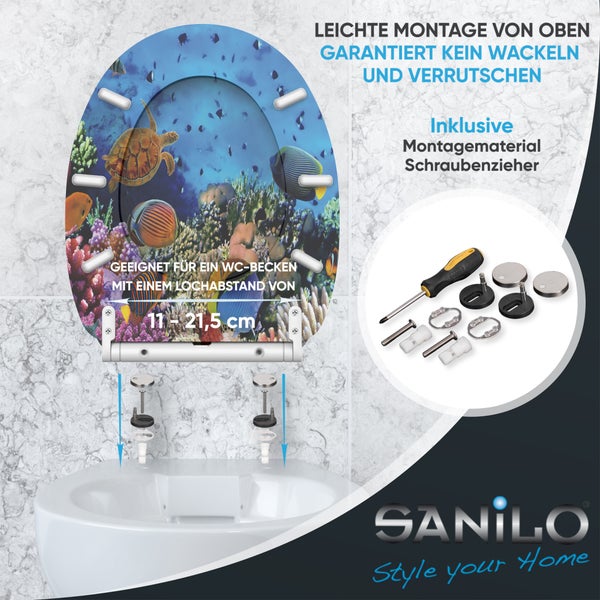 WC-Sitz mit Unterwasser-Motiv, Montage von oben, für Lochabstand 11 bis 21,5 Zentimeter, inklusive Montagematerial und Werkzeug, Sanilo Logo.