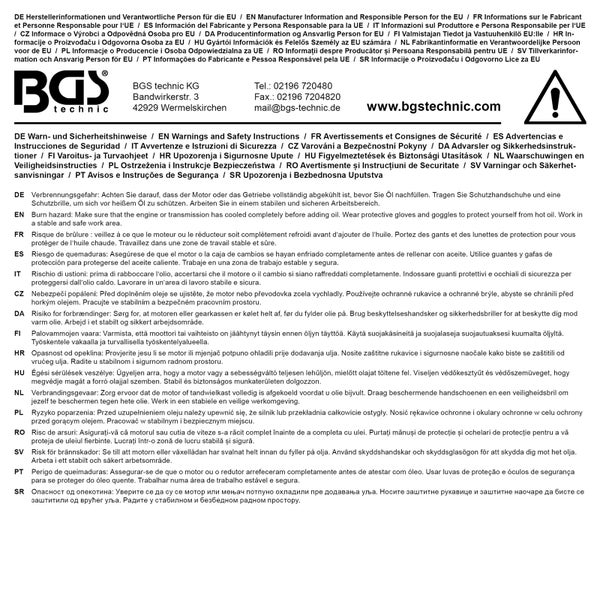 Sicherheitshinweise und Herstellerinformationen von BGS technic für den Ölwechsel mit Warnsymbol.