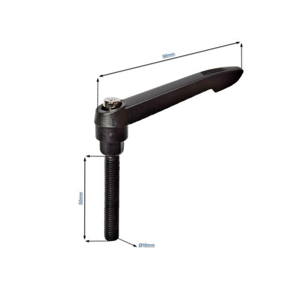 Verstellbarer Klemmhebel mit Gewindebolzen 50 Millimeter und Durchmesser 10 Millimeter, Hebellänge 90 Millimeter.