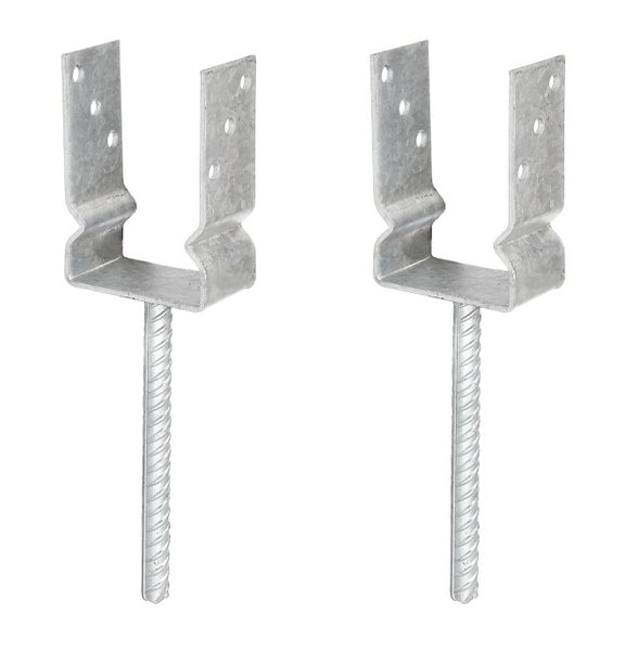 Zwei Pfostenträger U-Form mit Betonanker aus verzinktem Stahl zur Befestigung von Holzbalken im Boden.
