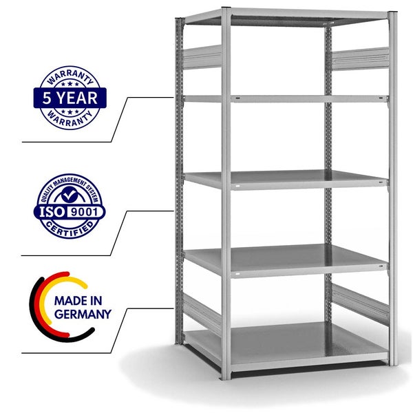 PROREGAL Fachbodenregal Stecksystem T-Profil Light-Duty Grundregal HxBxT 200 x 100 x 80 cm 5 Ebenen Fachlast 130 kg Beidseitig Nutzbar Verzinkt