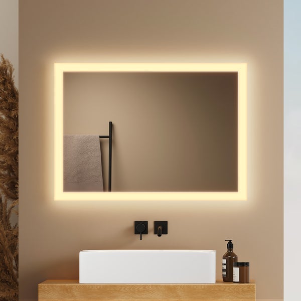 EMKE LED Badspiegel 80×60 cm, Warmweiß/Kaltweiß, seitlicher Kippschalter, beschlagfrei, IP44, mit mattiertem Rand, für Badezimmer
