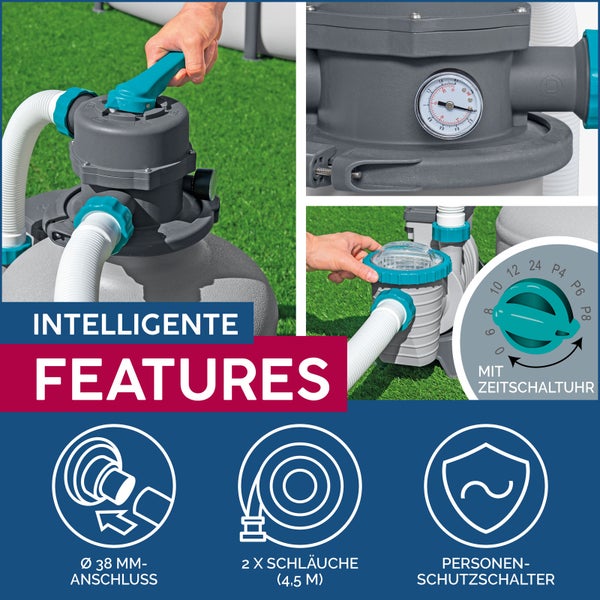 Details einer Pool Sandfilteranlage mit 38 Millimeter Anschluss, zwei Schläuchen mit 4,5 Meter Länge, Personenschutzschalter und Zeitschaltuhr