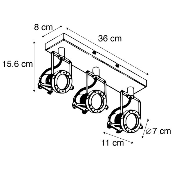 Technische Zeichnung einer Deckenleuchte mit drei Strahlern, Abmessungen sind angegeben