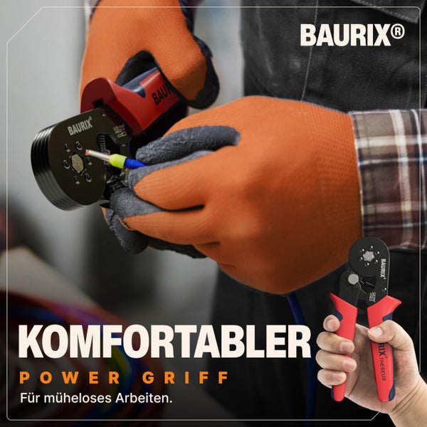 BAURIX® Sechskant Crimpzange für Aderendhülsen, Selbsteinstellende Krimpzange 0,25-6mm², Ergonomische Presszange für isolierte & unisolierte Aderendhülsen, Crimpwerkzeug - Modell: THESEUS (6-Kant)