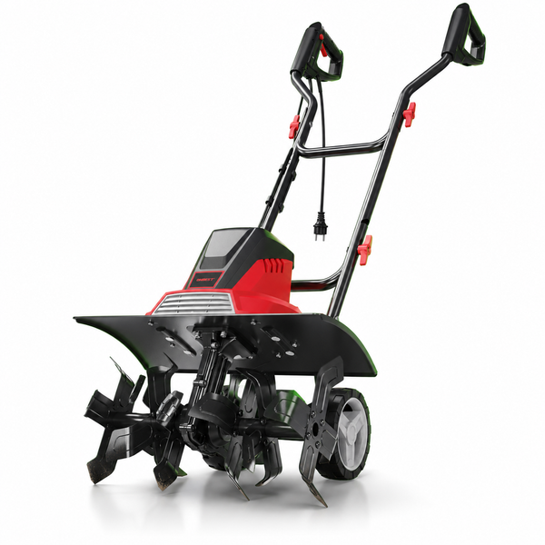 Elektro-Bodenhacke mit ergonomischem Griff und robusten Hackmessern für die Bodenbearbeitung im Garten.