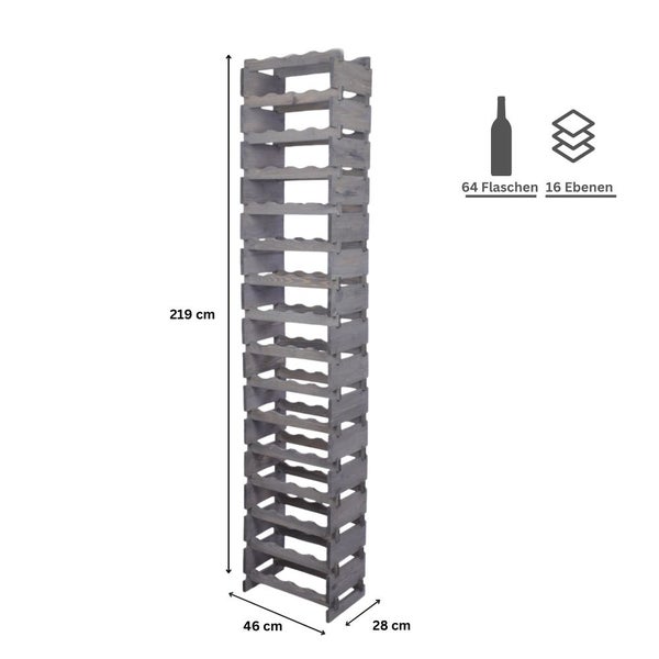 Weinregal VINOTECA FLEX PRO HxBxT 219x46x28cm 64 Flaschen auf 16 Ebenen Massives Kiefernholz Grau