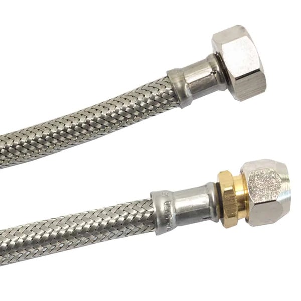 Panzerschlauch mit Metallgeflecht und beidseitigen Metallanschlüssen als flexibler Anschlussschlauch für Sanitärinstallationen