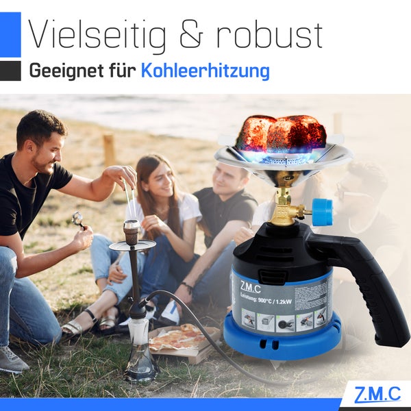 Tragbarer Z.M.C Gaskocher zum Erhitzen von Shisha-Kohle im Freien. Leistung 900 Grad Celsius und 1,2 Kilowatt. Z.M.C Logo.