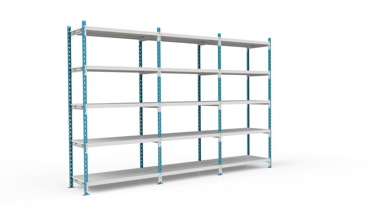 PROREGAL Fachbodenregal Maximus Pro HxBxT 220 x 150 x 60 cm 5 Ebenen Metallplatten-Fachboden Fachlast 236 kg Lichtblau-Lichtgrau
