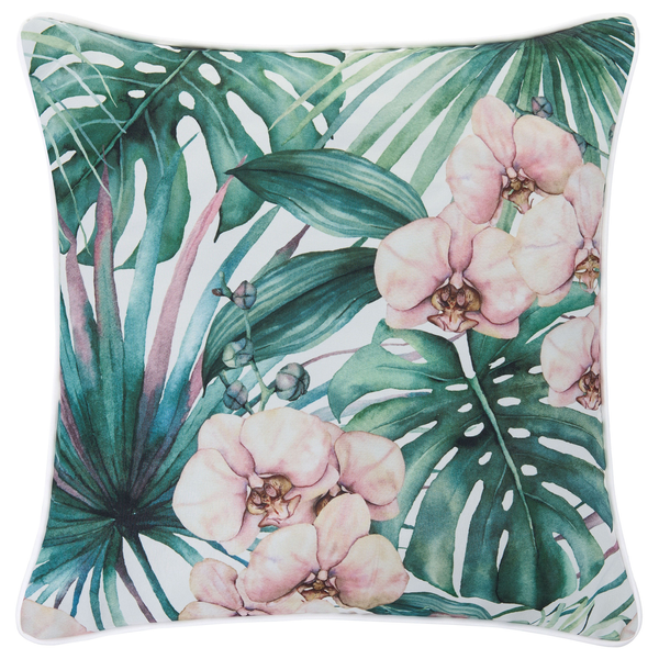 Quadratisches Zierkissen mit tropischem Muster aus Orchideen und Palmenblättern für Wohnzimmer und Schlafzimmer