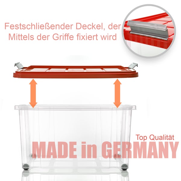 BigDean 3 Stück 60 L Aufbewahrungsbox mit Deckel groß rot - stapelbare robuste Box BPA-frei - rollbare Stapelbox mit festen Klickverschlüssen - Made in Germany