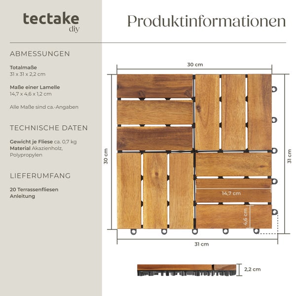 Terrassenfliesen tectake Tabula 31 x 31 x 2,2 cm 20er Set mit Klicksystem braun