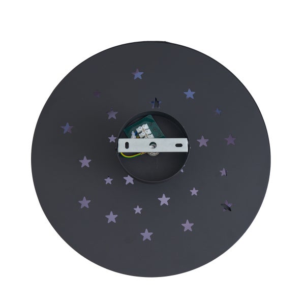 Rückansicht einer runden schwarzen Deckenleuchten-Basis aus Metall mit Stern-Aussparungen, Montagebügel und Elektroanschluss.