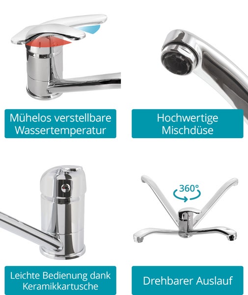 Calmwaters® Einhandmischer Chrom für Spüle Niederdruck, Wasserhahn für die Küche, Messing, 12PZ6195