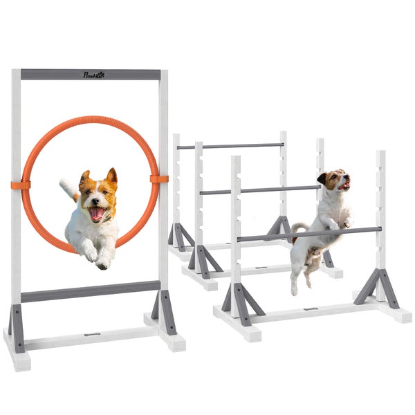 PawHut Agility Set Hunde 4-teiliges Agility-Ausrüstung für Hundetraining Steckhürdenset mit höhenverstellbar Hürden Reifen Trainingszubehör Koordinationstraining Agilityset für Spiele Training