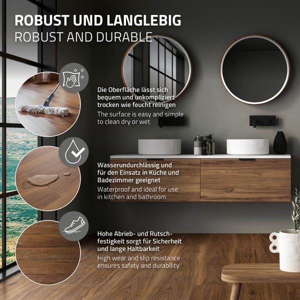 ML-Design Deluxe PVC Bodenbelag, Click Vinyl-Dielen, Vinylboden, 122 cm x 18 cm x 4,2 mm, Dicke 4,2 mm, 1,54m²/7 Dielen, Outtrigger Eiche, Braun, Holzoptik, rutschfest, wasserfest, Belastungsklasse 34