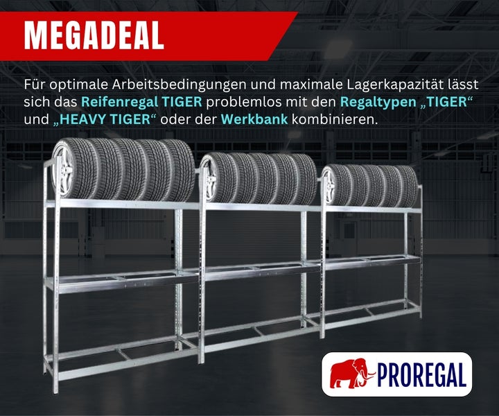 Proregal Reifenregal aus Metall mit drei Sektionen in einer Industriehalle, oberstes Regal mit Reifen bestückt. Proregal Logo.