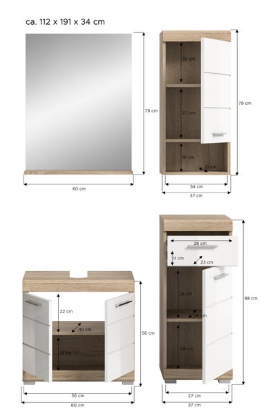 Badezimmermöbel Set mit Maßangaben für Spiegel, Hängeschrank, Waschbeckenunterschrank und Seitenschrank in Eiche Dekor und Weiß.