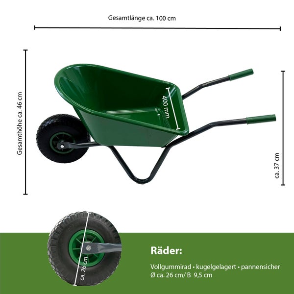 Abmessungen einer grünen Schubkarre mit den Angaben Gesamtlänge circa 100 cm, Gesamthöhe circa 46 cm, Höhe circa 37 cm und Breite circa 400 mm, Rad circa 26 cm Durchmesser