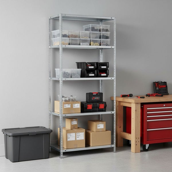 Verzinktes Schwerlastregal mit fünf Fachböden in einer hellen Werkstatt, organisiert mit Lagerboxen, Werkzeugkoffern und Kartons.