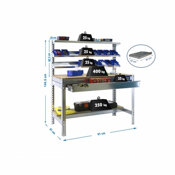 PROREGAL Werkbank Buffalo mit Frontablage und Schubfach HxBxT 84 x 90 x 61 cm Traglast 400 kg Verzinkt