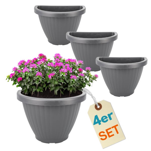 Vierer-Set graue Blumentöpfe, einer bepflanzt mit rosa Blumen