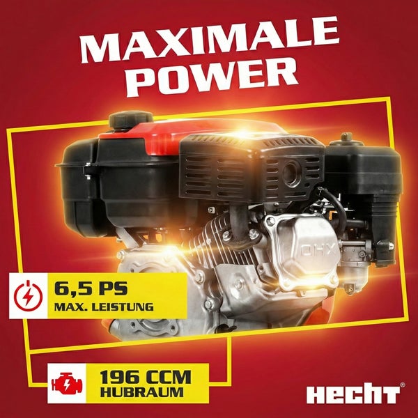 Hecht Benzinmotor mit 6,5 Pferdestärken maximaler Leistung und 196 Kubikzentimeter Hubraum. Hecht Logo.