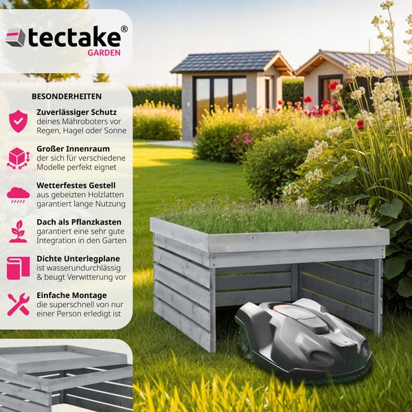 Rasenmäher-Roboter-Garage  tectake Hortus  84 x 78 x 46 cm  gebeizte Kiefernlatten, wetterfest grau