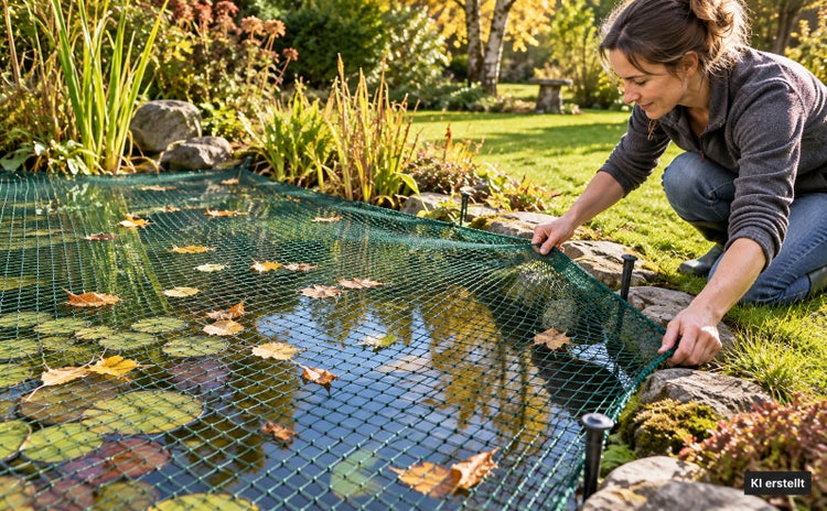 Frau befestigt ein Teichnetz über einem Garten-Teich zur Abwehr von herabfallenden Blättern.