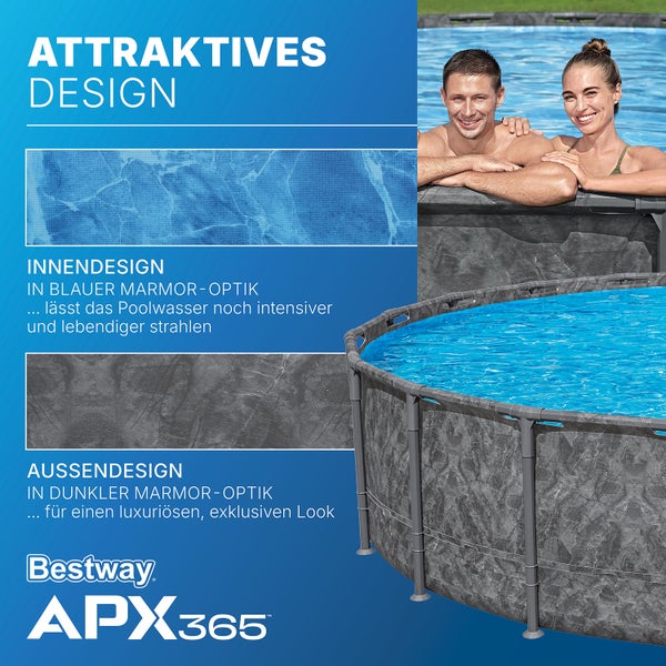Bestway APX365 Aufstellpool mit Innenfolie in blauer Marmor-Optik und Außenwand in dunkler Marmor-Optik. Bestway Logo. Paar im Wasser.